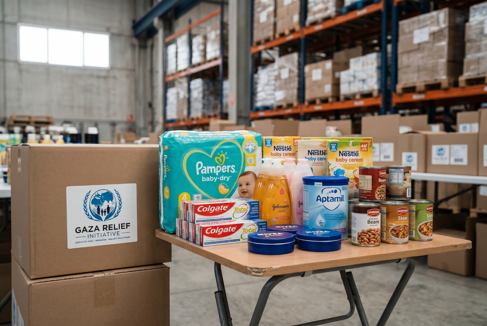 Gaza Relief Initiative aid package with baby and food essentials
