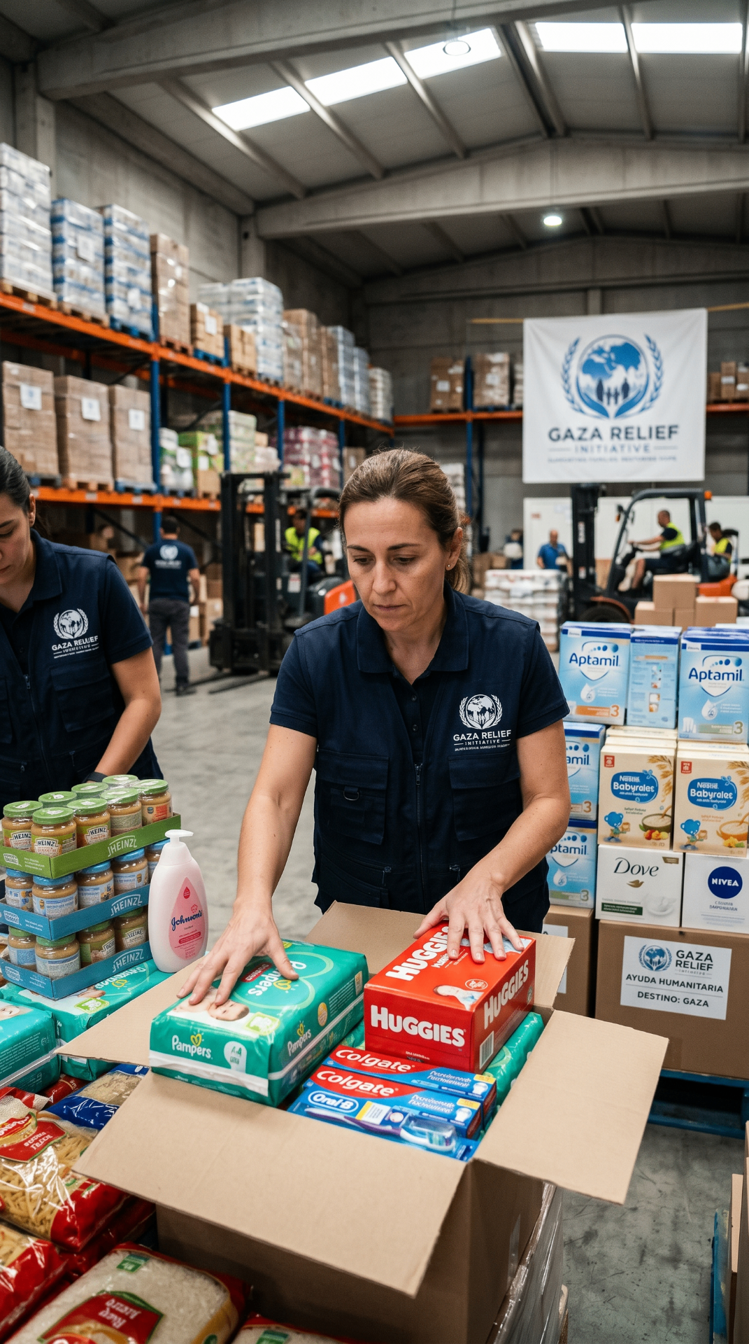 Aid teams packing family essentials in the warehouse
