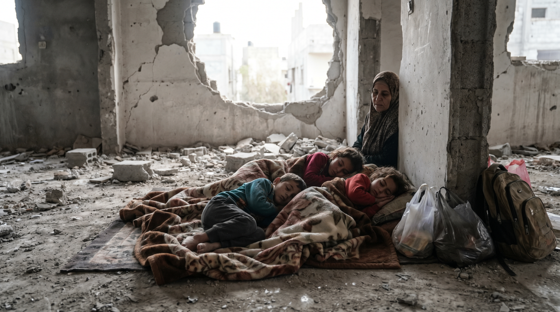 A mother shelters her sleeping children among the rubble in Gaza