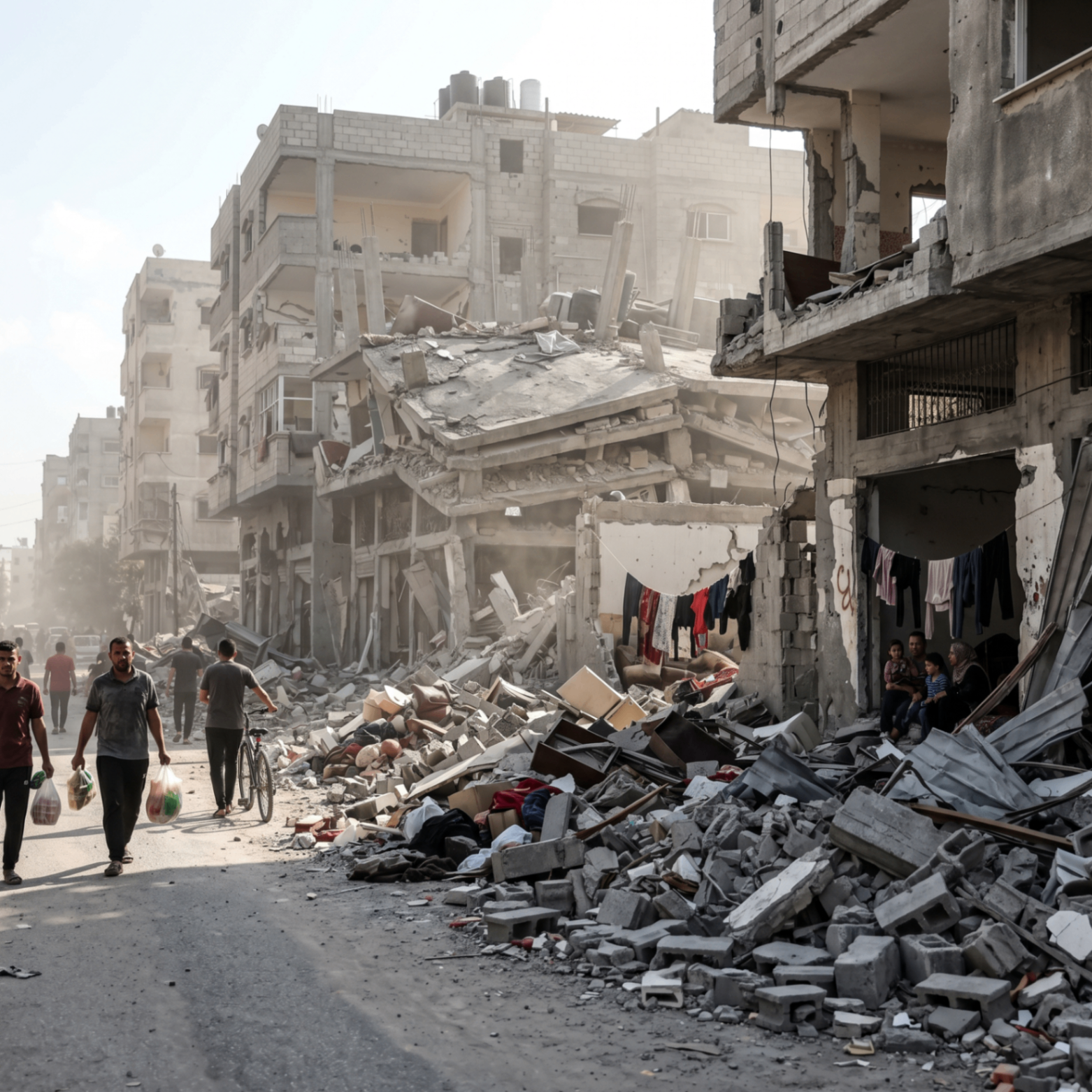 Families walk past collapsed buildings carrying what little aid they have