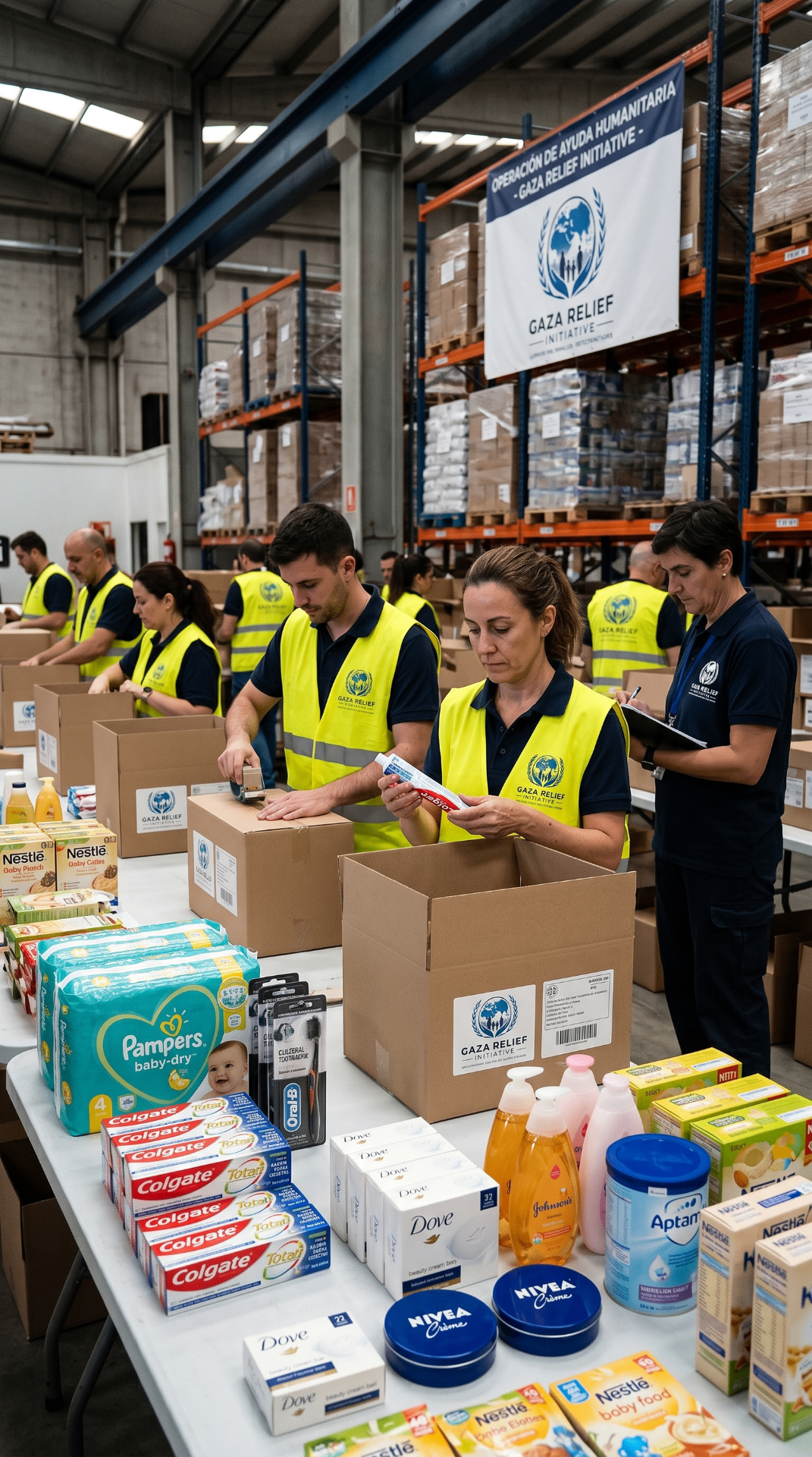 Volunteers preparing relief boxes for shipment
