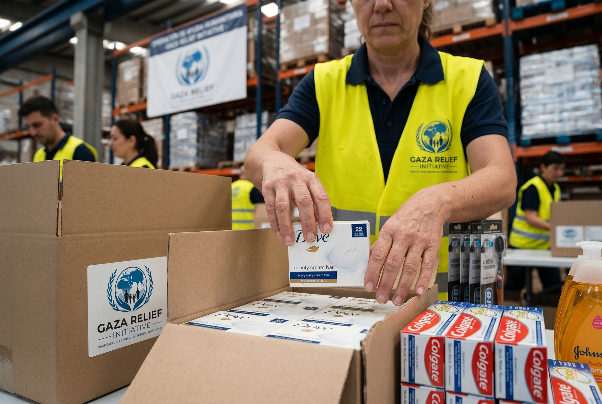 Volunteer packing hygiene essentials for Gaza families