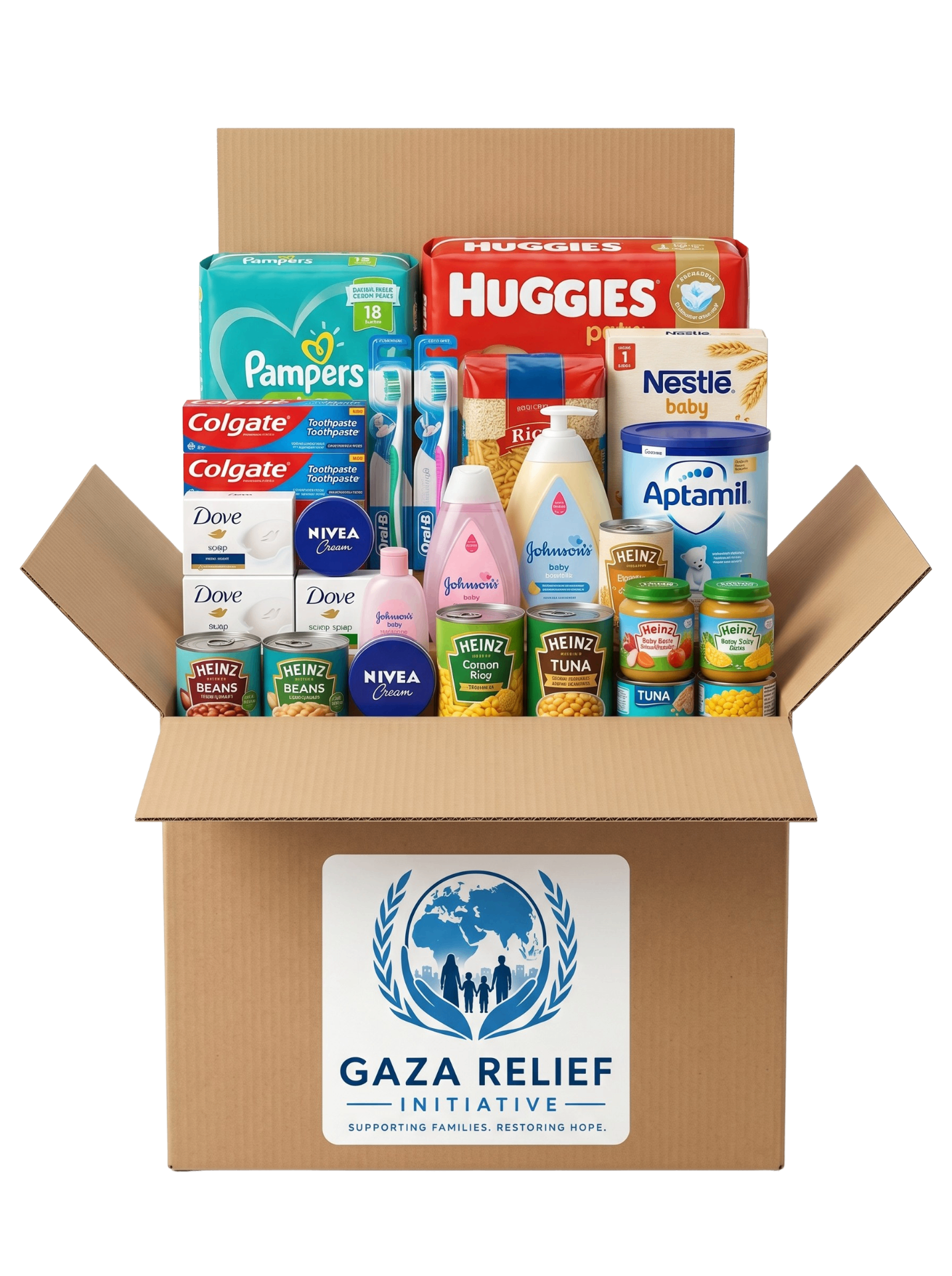 Gaza Relief Initiative aid package containing baby supplies, hygiene products and food